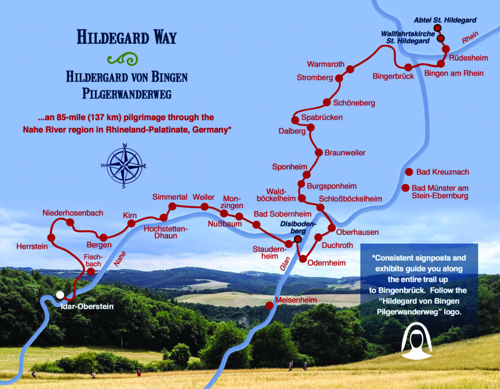 Map of the Hildegard Way pilgrimage route through the Nahe River region, Rhineland-Palatinate, Germany
