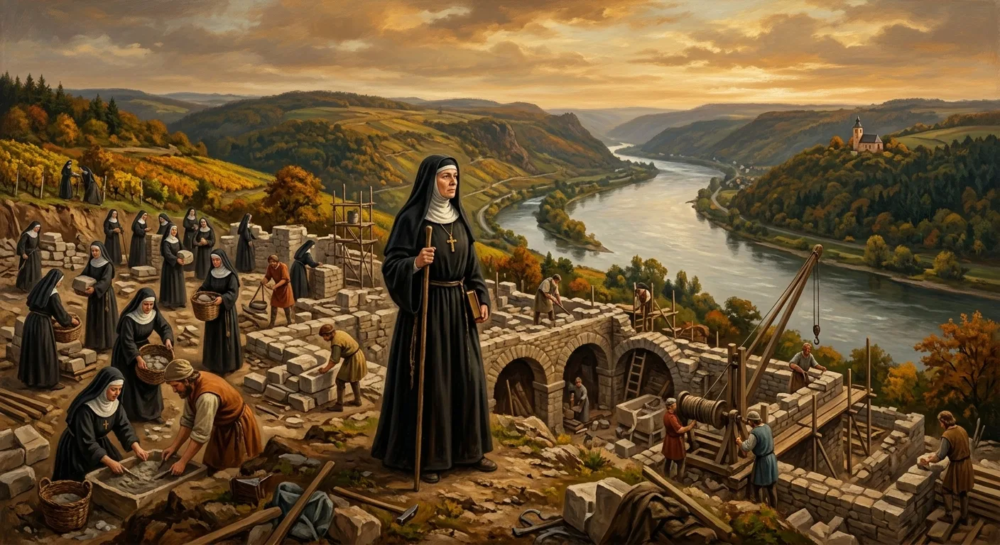 A atmospheric medieval scene at the confluence of two rivers at golden hour, where a determined woman in the dark habit of a Benedictine abbess stands on a hilltop overlooking the meeting of the Nahe and Rhine rivers in the German Rhineland. She is middle-aged, dignified, and resolute, gazing out over the river valley as construction of a monastery begins around her — stone foundations being laid, arched cellar vaults taking shape. Behind her, nineteen nuns in habits work alongside laborers. The landscape is lush and autumnal, with vine-covered hills and the wide silver river below. In the far distance across the Rhine, a small pilgrimage church is visible on a hillside. The mood is one of hard-won purpose, spiritual resolve, and new beginnings. Rendered in the style of a detailed Romantic oil painting with warm amber and ochre tones, dramatic sky, and a sense of historical gravitas.