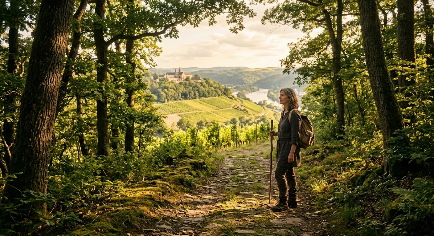 A lone female pilgrim walks a sun-dappled forest trail in the Rhine region of Germany, surrounded by ancient oak and beech trees, dappled golden light filtering through the canopy onto a mossy stone path. In the near distance, rolling vineyard hills stretch under a warm summer sky, lush and vivid green, with a medieval stone abbey visible on a hilltop in the far background. The scene evokes timelessness — no modern infrastructure visible, only nature, worn stone, and the quiet presence of a solitary traveler carrying a small pack, pausing to look out over the valley. The mood is contemplative, luminous, and quietly spiritual. Painterly editorial photography style with warm golden hour light, soft depth of field, and a sense of sacred stillness.