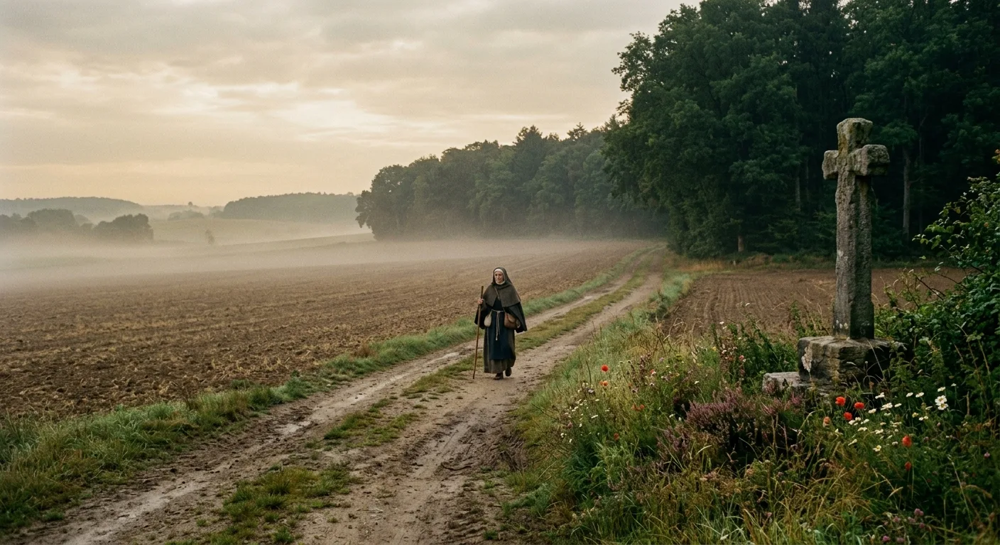 A lone pilgrim walks a wide rural path through open farmland in the German Rhineland, early morning mist hanging low over plowed fields. At the edge of a dense forest, a weathered stone wayside cross stands sentinel where the path enters the trees, wildflowers growing at its base. The light is soft and golden, filtering through overcast skies. In the middle distance, a solitary figure in medieval religious robes — a woman — walks purposefully along the path, her posture conveying both humility and authority. The landscape conveys a sense of threshold, of crossing between two worlds. The mood is contemplative and historically grounded, rendered in a painterly editorial style with muted earth tones — ochre fields, grey stone, deep forest green — evoking 12th-century medieval Germany and the weight of a long spiritual journey on foot.