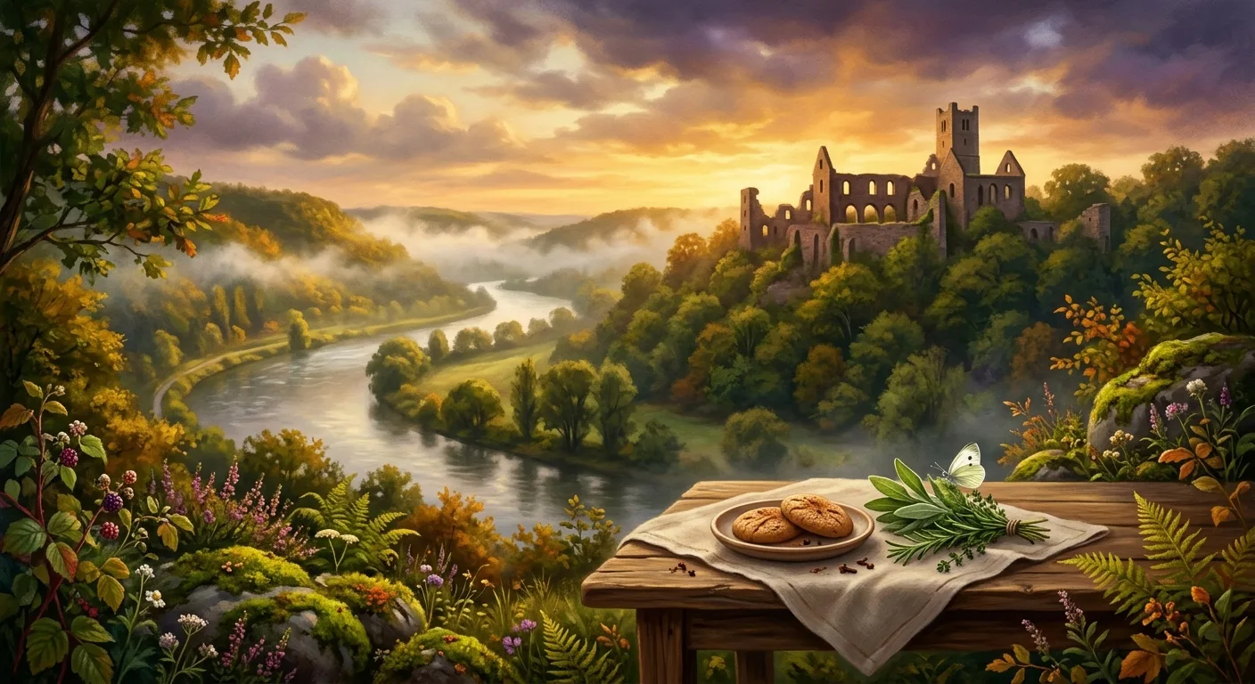A luminous medieval Rhineland landscape at golden hour on a late September afternoon, with mist rising from the banks of a winding river surrounded by ancient stone ruins overgrown with vibrant green moss and wildflowers. In the foreground, a rustic wooden table holds a small arrangement of spelt cookies dusted with cinnamon and cloves, alongside a single white butterfly resting on a sprig of herbs. The atmosphere is mystical and contemplative — light filtering through thin clouds creates a sense of the sacred and the earthly intertwined. In the background, the silhouette of a Romanesque monastery ruin rises against a sky glowing amber and deep violet, evoking centuries of memory and living spiritual presence. The overall palette is rich with deep greens, golden light, and warm earth tones, conveying the concept of viriditas — the greening, life-giving force of creation — as both ancient and urgently alive. Painterly, editorial illustration style with soft luminosity and devotional gravitas.
