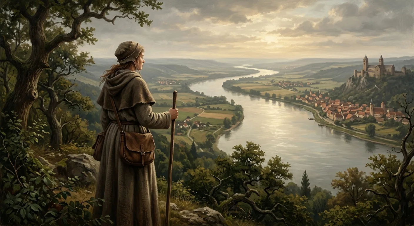 A medieval pilgrim in simple robes stands at the edge of a forested hillside overlooking a sweeping Rhine River valley, the wide silver river curling through a misty landscape toward the horizon, with the rooftops of a small town visible on the far bank. The figure is a woman, her back partially turned, gazing outward with quiet authority. The scene is rendered in the warm, golden light of late afternoon, evoking 12th-century Germany — ancient stone ruins and a hilltop monastery visible in the soft distance. The mood is contemplative and momentous, blending natural grandeur with spiritual weight. Painterly editorial style, reminiscent of Romantic landscape illustration with muted earth tones, deep forest greens, and luminous river reflections.