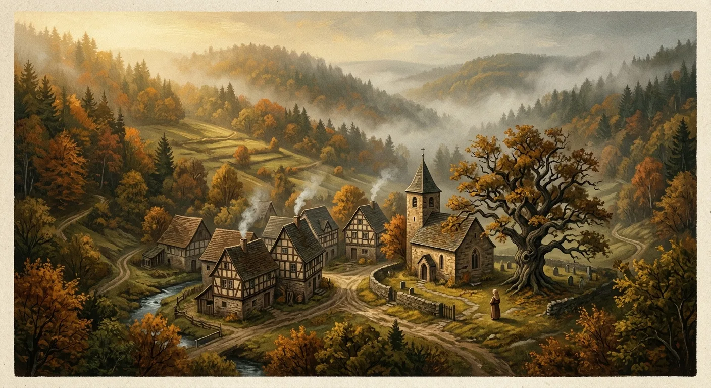 A misty, atmospheric view of a tiny medieval German village nestled among forested hills in the Nahe valley region, with half-timbered farmhouses clustered around a small stone Protestant church, an ancient gnarled oak tree standing in the churchyard, rolling green hillsides fading into soft autumn fog, golden morning light filtering through the trees, the landscape evoking a remote and timeless quietude — painted in a rich, textured editorial illustration style with warm earthy tones, evoking the medieval Rhineland and the solitude of a child who saw visions, cinematic and contemplative in mood