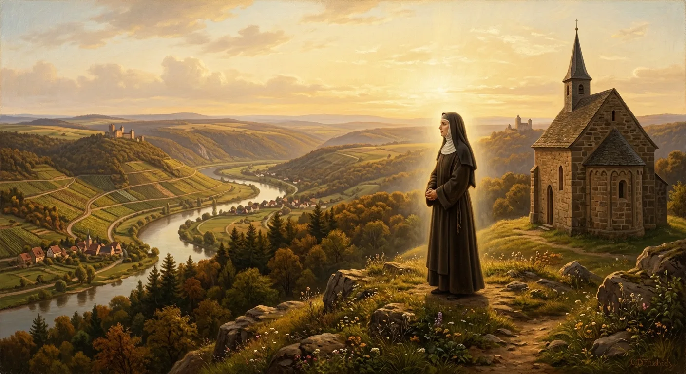 A solitary medieval woman standing on a hilltop beside an old stone Protestant church, gazing out over a sweeping panoramic landscape of the Nahe river valley — terraced vineyards, winding river, and dense forests stretching to the horizon under a luminous, golden-hour sky. The woman wears simple 12th-century monastic robes and stands in quiet contemplation, her eyes open and alert, neither in trance nor ecstasy but in calm, wakeful presence. Around her, the air seems subtly illuminated — a soft, diffuse living light emanating from no single source, as if the atmosphere itself is gently radiant. The scene conveys deep spiritual awareness and mystical clarity without drama, blending the earthly beauty of the Rhineland landscape with a sense of the transcendent quietly present in the ordinary world. Painted in a style reminiscent of Romantic-era German landscape painting with warm, glowing light and rich natural detail.