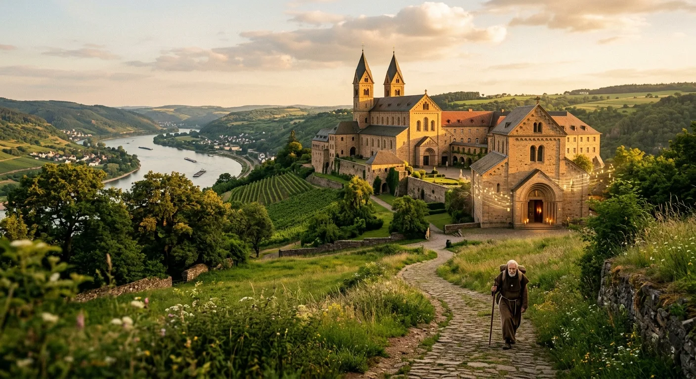 A sweeping, cinematic view of the Abbey of Saint Hildegard in Eibingen, a grand Romanesque-style Benedictine monastery perched on a hillside above the Rhine River valley, bathed in warm golden afternoon light. In the foreground, a stone path winds through lush green meadows and ancient trees, suggesting the final steps of a long pilgrimage. Through an arched stone doorway of the abbey church, soft candlelight glows from within. Faint visual suggestions of musical notation — medieval neumes — appear subtly integrated into the golden light, as if the air itself carries sound. The mood is sacred, contemplative, and luminous. The scene evokes arrival, completion, and living tradition — the convergence of landscape, stone, music, and spiritual heritage. Painterly editorial photography style with soft depth of field and rich earth tones.