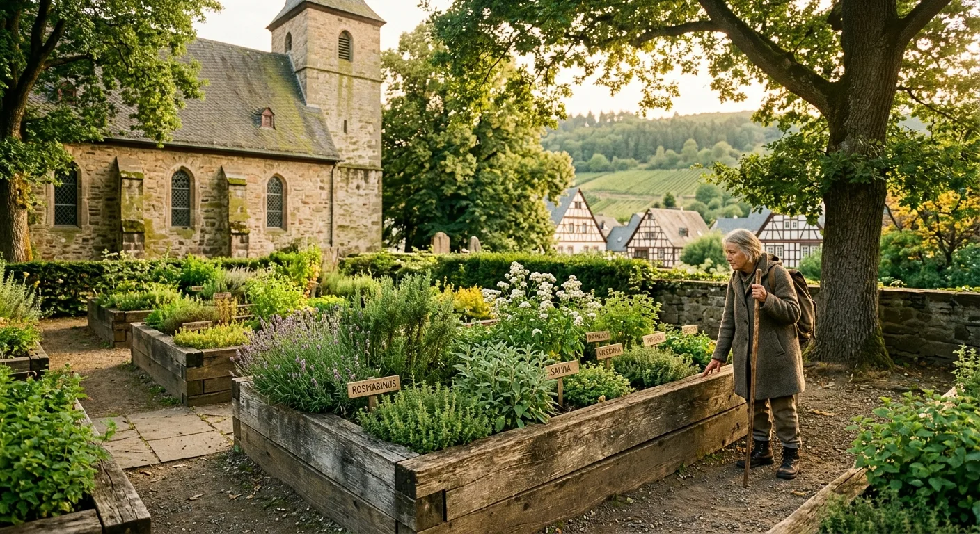 A tranquil medieval herb garden behind a weathered stone Protestant church in a small German village, golden afternoon light filtering through ancient trees onto neatly arranged raised wooden beds filled with medicinal herbs — rosemary, sage, valerian, and yarrow — each plant clearly thriving and fragrant. A lone pilgrim with a walking staff pauses beside one of the beds, hands resting gently on the rough wood, gazing quietly at the plants. The surrounding landscape hints at vineyards and forested hills in the soft background. The atmosphere is contemplative and intentional, evoking centuries of monastic herbal wisdom. Rich earthy tones, warm ochres and greens, painterly naturalistic style with soft impressionistic light, editorial photography aesthetic.