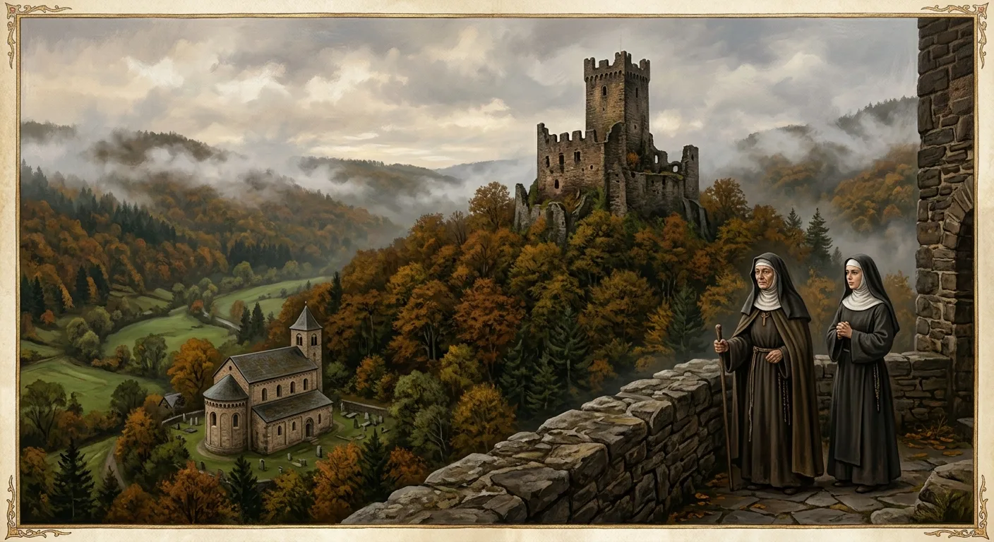 A misty medieval hilltop in the German Rhineland, with the ancient stone tower of a ruined castle rising above a dense canopy of forest trees. Below in the valley, a small Romanesque stone church with rounded arches and a modest bell tower stands quietly amid green landscape. The atmosphere is contemplative and autumnal, with soft diffused light filtering through low clouds. In the foreground, two women in dark medieval religious habits stand near the castle ramparts, one older and one younger, looking out across the wooded valley together. The mood is solemn and tender, evoking a relationship of spiritual mentorship and quiet complexity. Painted in a rich, detailed style reminiscent of medieval illuminated manuscripts blended with atmospheric landscape painting, warm ochre and deep forest green tones throughout.