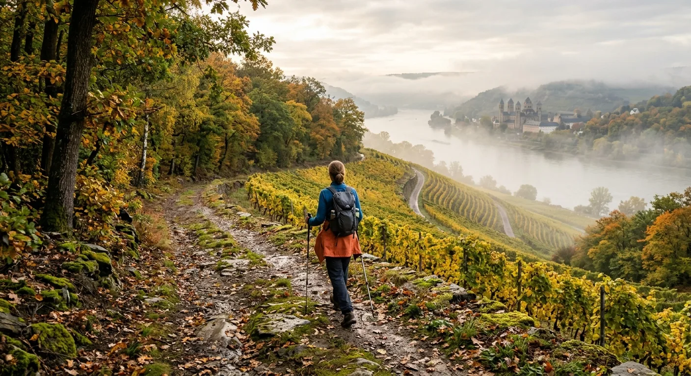 A pilgrim walking along a winding forest trail through the Rhineland in early autumn, surrounded by golden vineyard terraces and dense woodland in soft morning mist. The figure wears lightweight hiking clothes in earthy tones — merino layers, convertible trousers, a packable rain jacket tied around the waist — carrying a compact daypack and collapsible trekking poles. The path is uneven, with mossy stones and fallen leaves, curving gently downhill through rows of grape vines toward a misty river valley below. In the distance, the stone silhouette of a Romanesque abbey sits on a hillside, partially obscured by low cloud. The light is cool and golden, typical of a September morning in the German countryside. The mood is contemplative, purposeful, and serene. Editorial travel photography style, wide-angle perspective, natural light, rich autumn color palette of amber, deep green, and grey-blue.